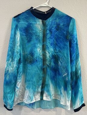 Elie Tahari 2010s Womens Silk Watercolor Long Sleeve Button Up Blouse Size Med